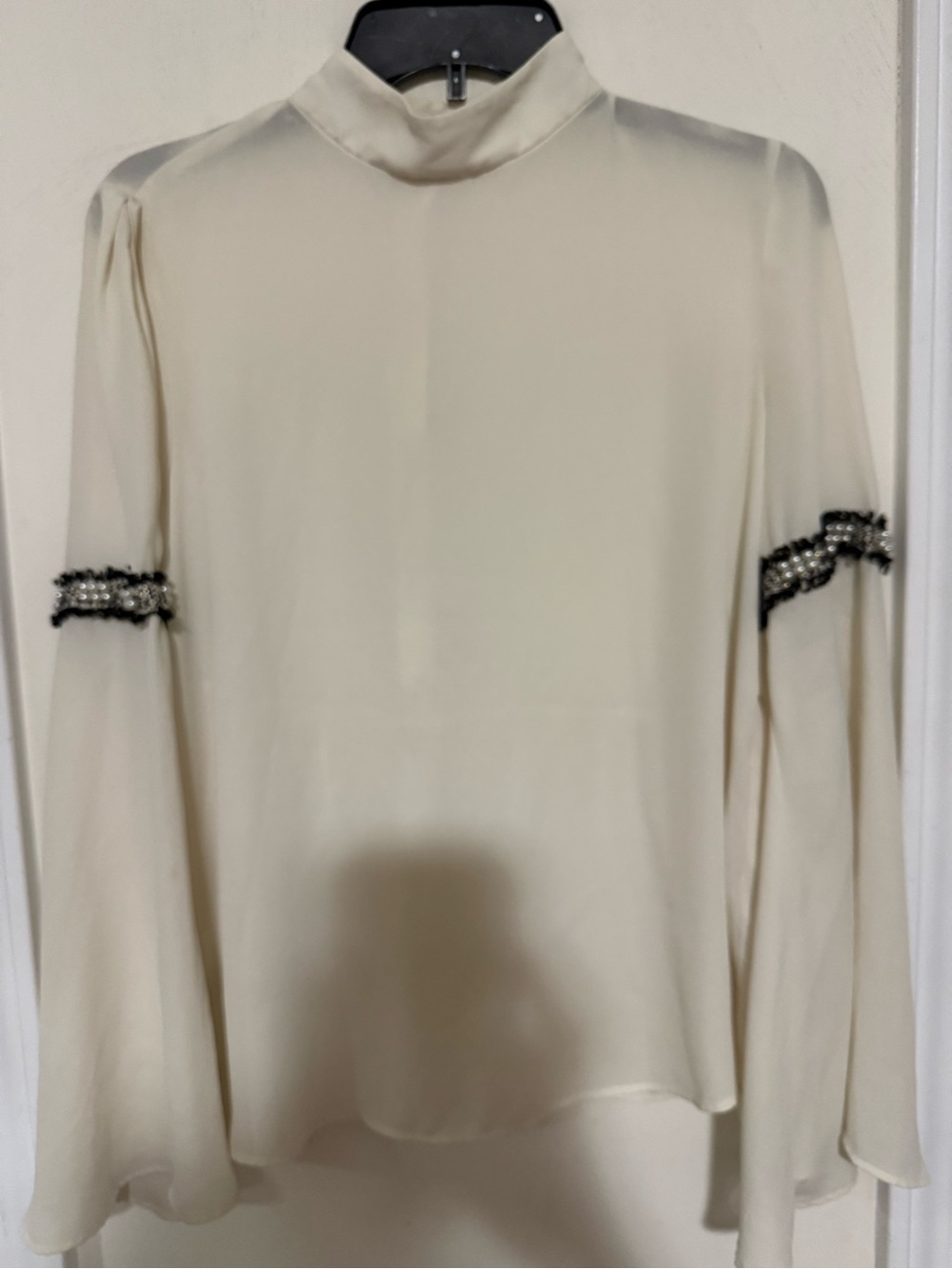 Zara Cream Mock Neck Blouse with Beaded Sleeve Trim